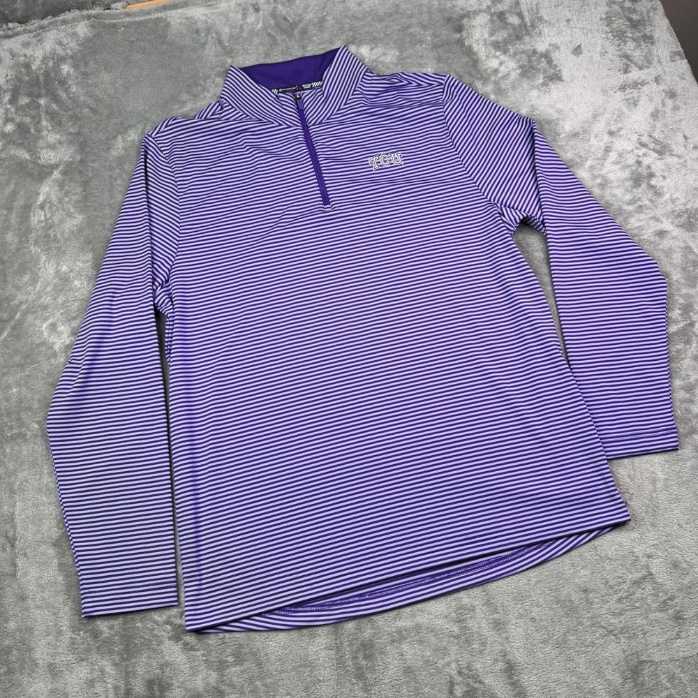 Southern Tide TCU Horned Frogs 1/4 Zip Pullover Men L Purple Striped Performance - Picture 2 of 9